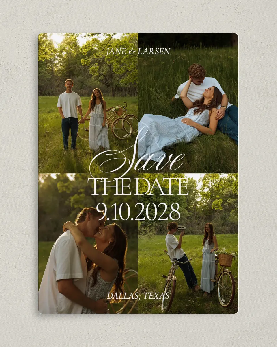 This is a 5" x 7" Save the Date Magnet called Golden Hour printed in full color with a Luxe Satin finish