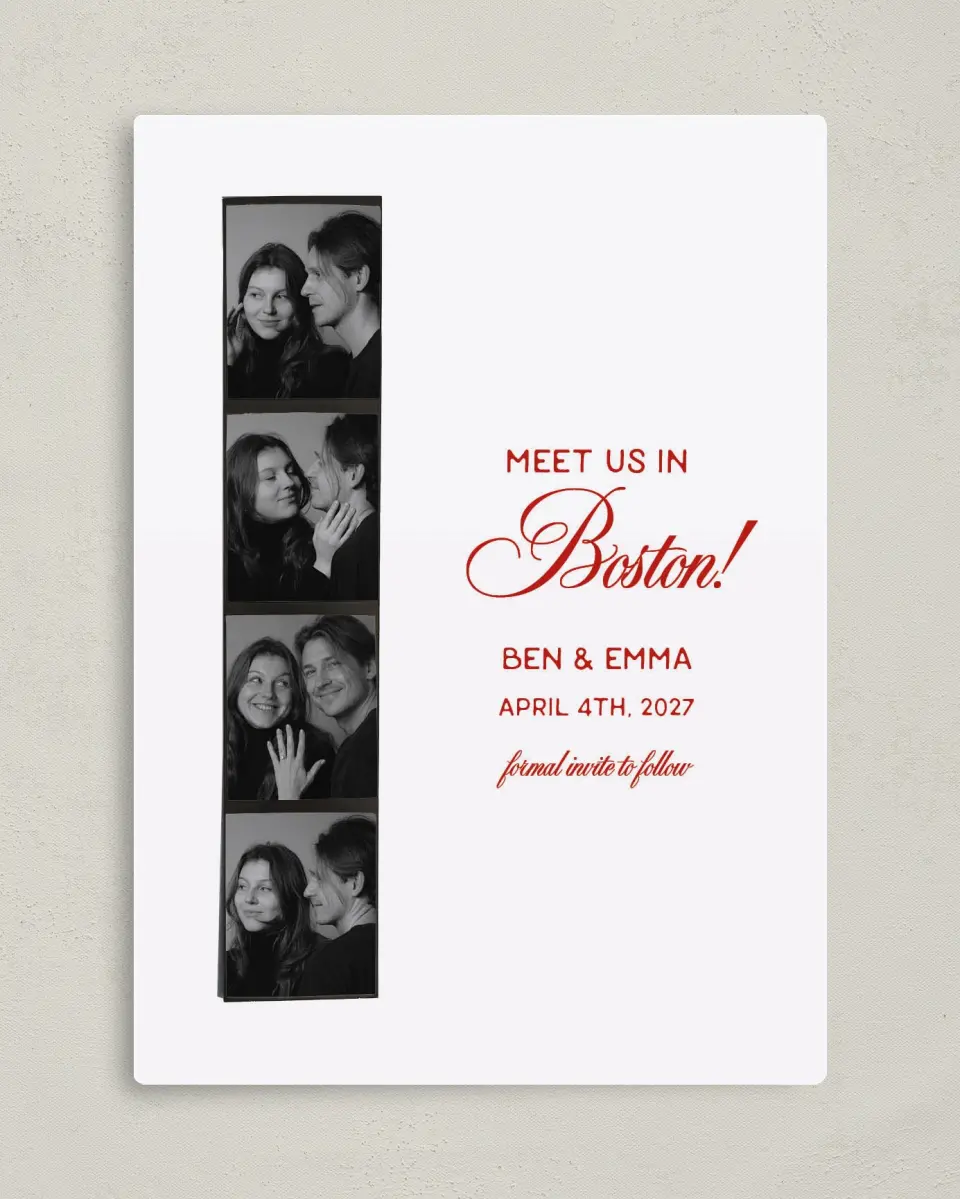 This is a 5" x 7" Save the Date Magnet called Retro Film Strip printed in full color with a Luxe Satin finish