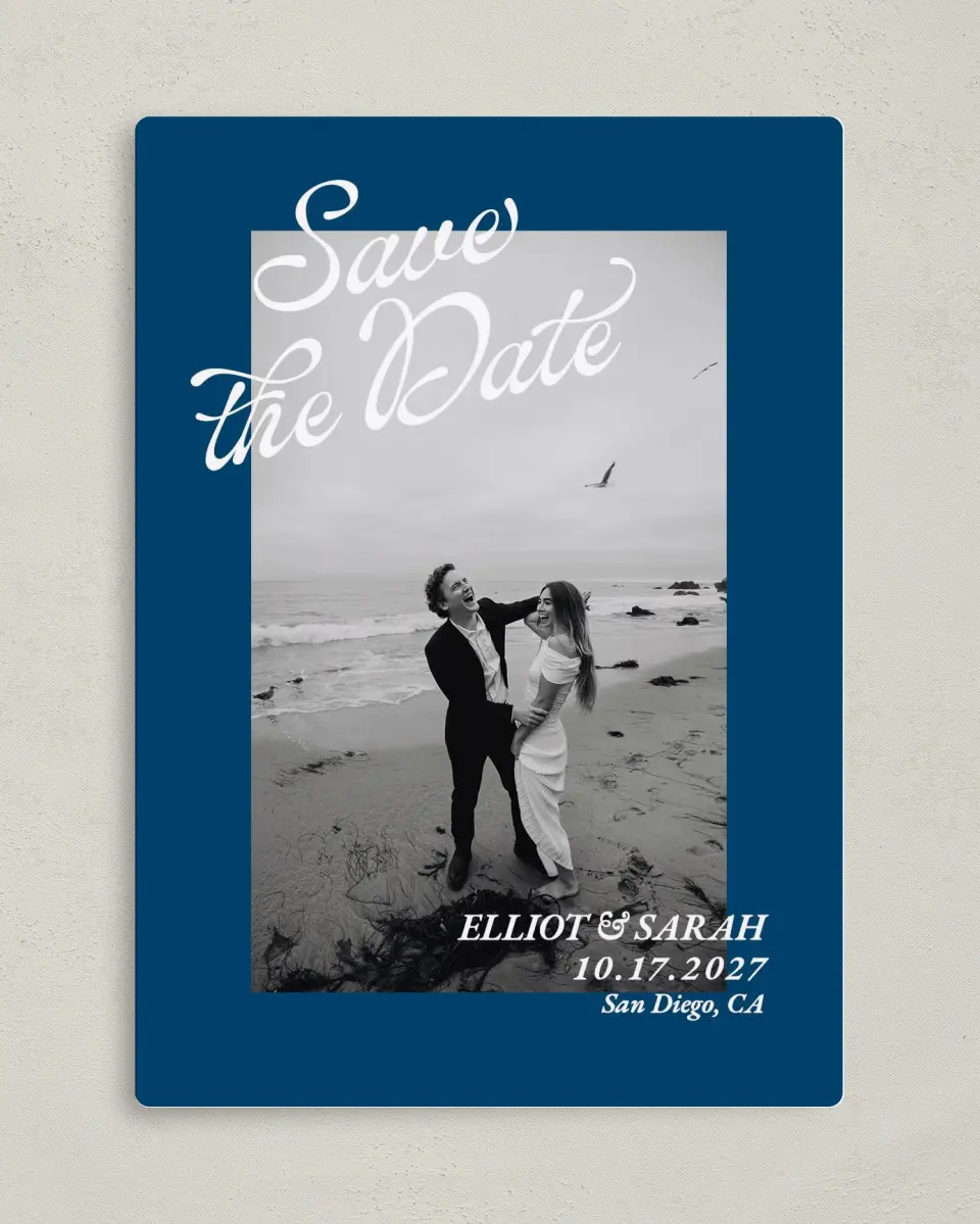 This is a 5" x 7" Save the Date Magnet called Blue Hour printed in full color with a Luxe Satin finish