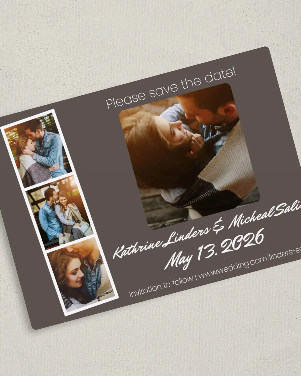 This is a 5" x 7" Save the Date Magnet called A Photo Booth printed in full color with a Luxe Satin finish