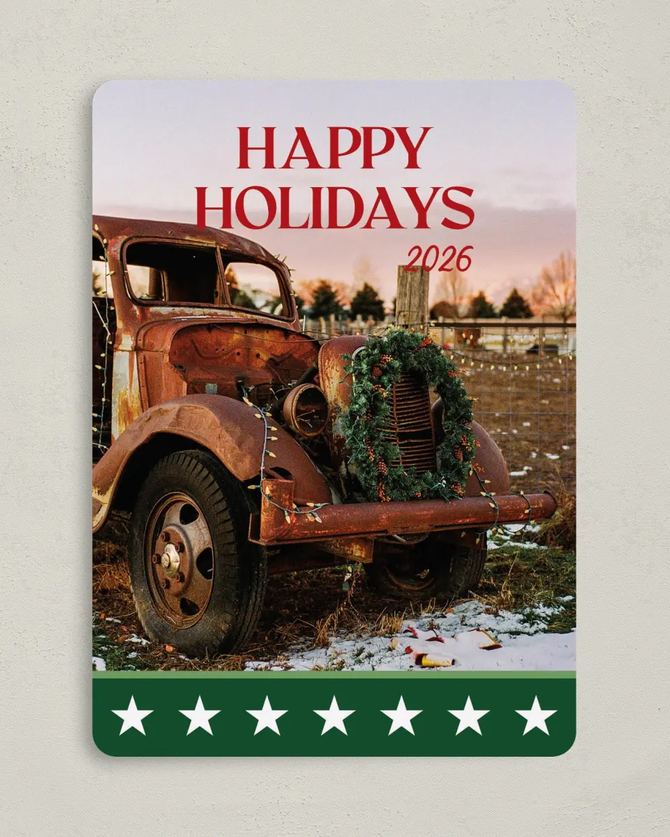 This is a 5" x 7" Christmas Card called Stars & Stripes printed in full color with Silver foil on Soft Suede (coated) paper