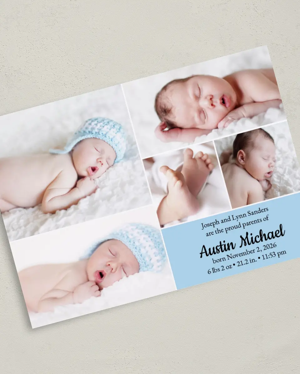 This is a 5" x 7" Birth Announcement Card called Photo Collage printed in full color on Premium Smooth paper