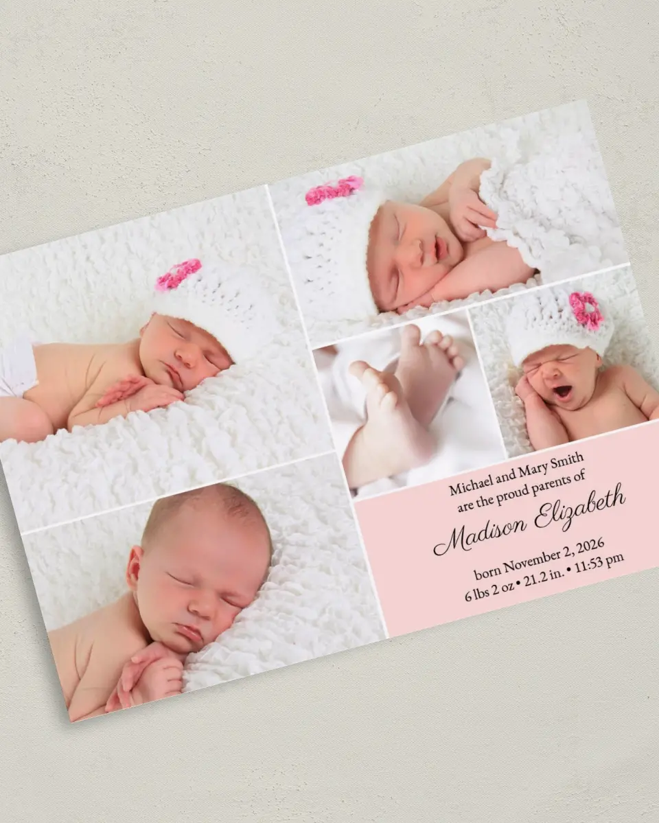 This is a 5" x 7" Birth Announcement Card called Photo Collage printed in full color on Premium Smooth paper