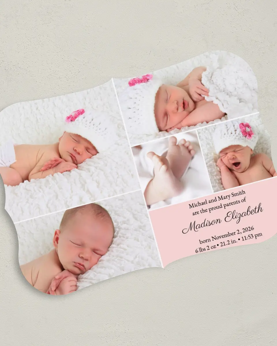 This is a 5" x 7" Birth Announcement Card called Photo Collage printed in full color on Premium Smooth paper