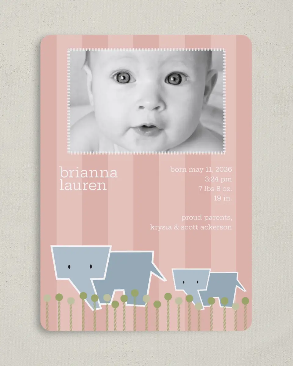 This is a 5" x 7" Birth Announcement Card called Elephant printed in full color on Premium Smooth paper