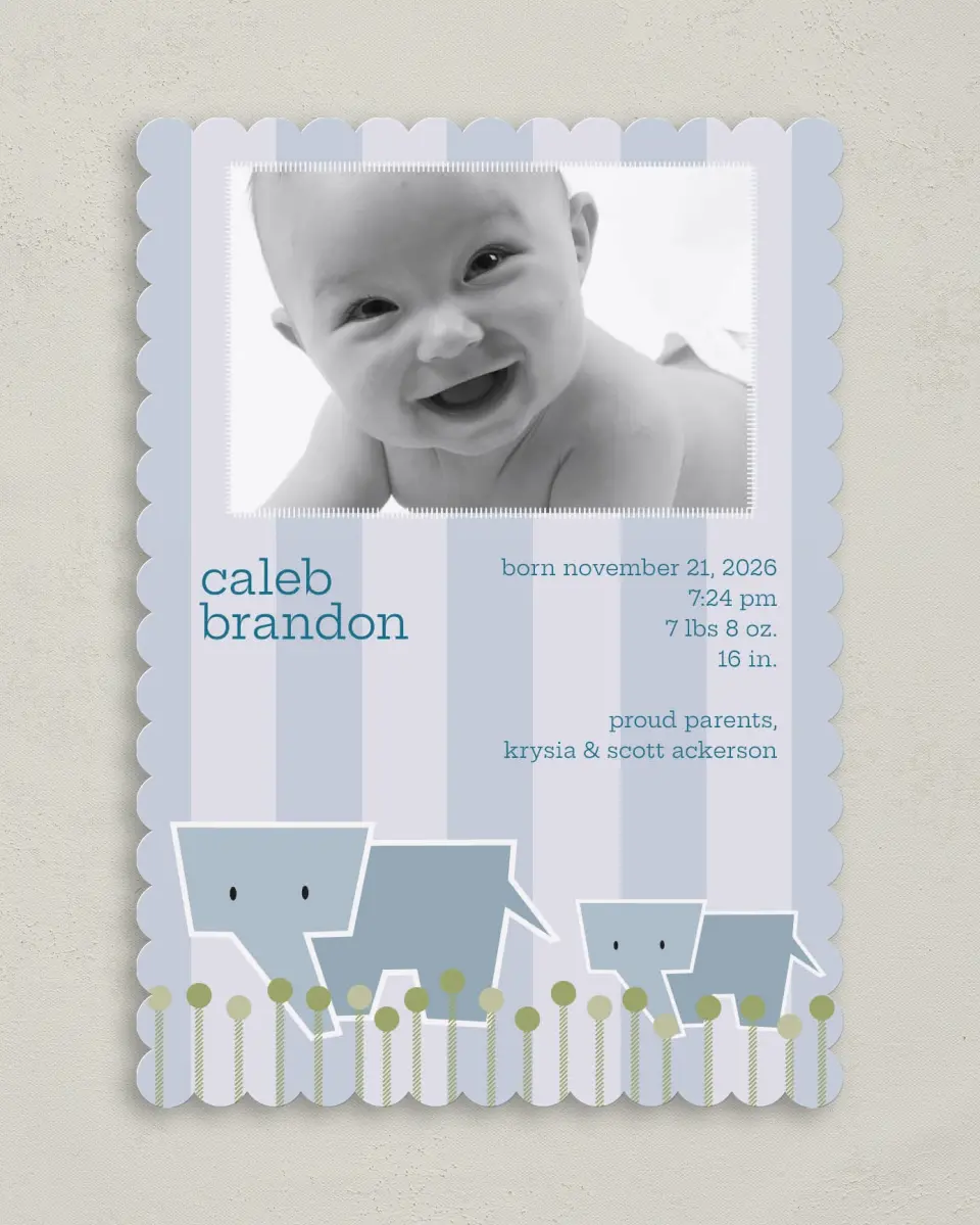 This is a 5" x 7" Birth Announcement Card called Elephant printed in full color on Premium Smooth paper