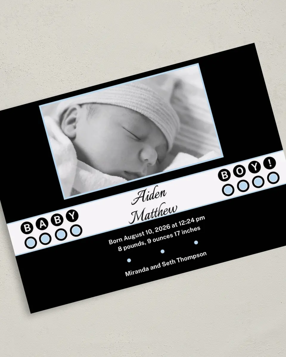 This is a 5" x 7" Birth Announcement Card called Baby Doll Boy printed in full color on Premium Smooth paper