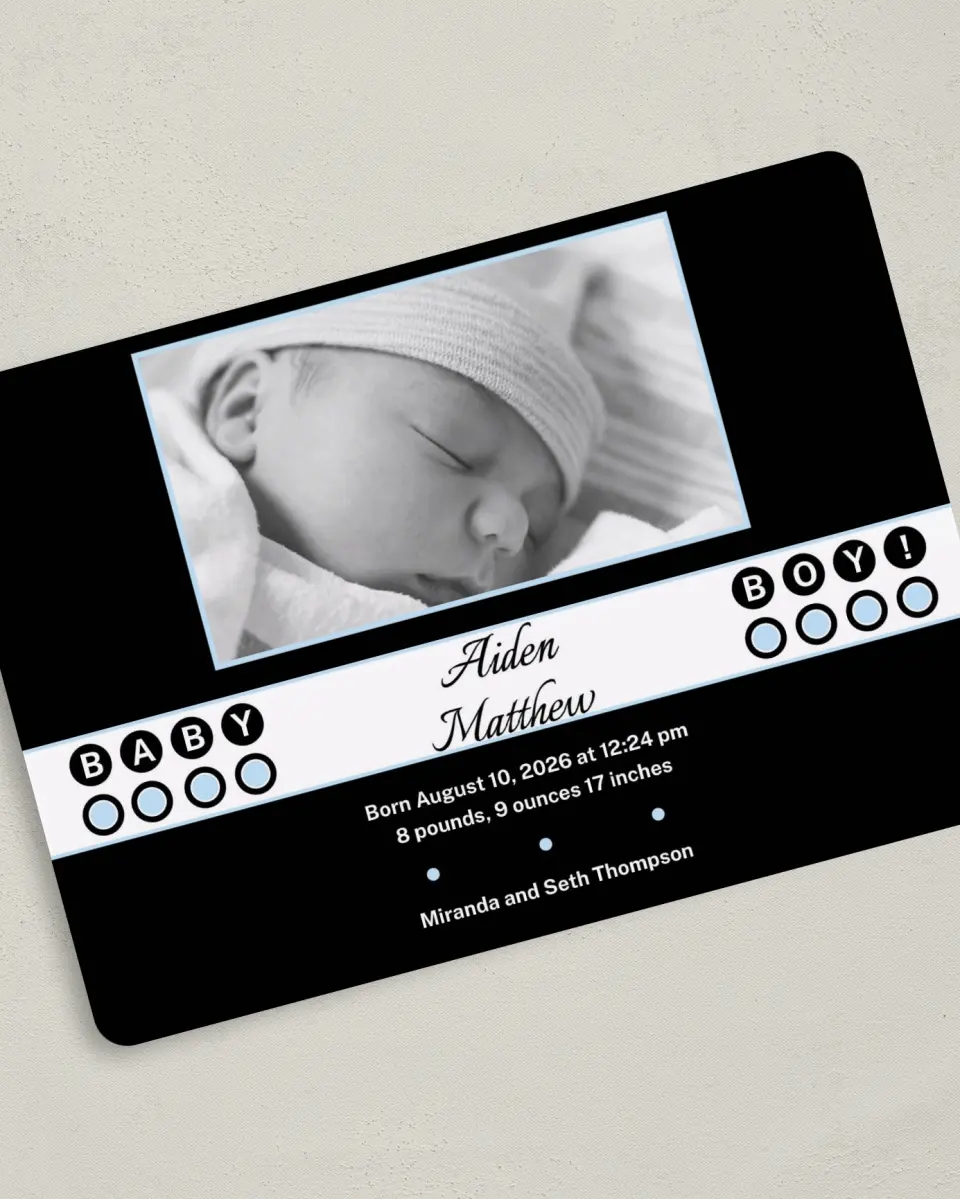 This is a 5" x 7" Birth Announcement Card called Baby Doll Boy printed in full color on Premium Smooth paper