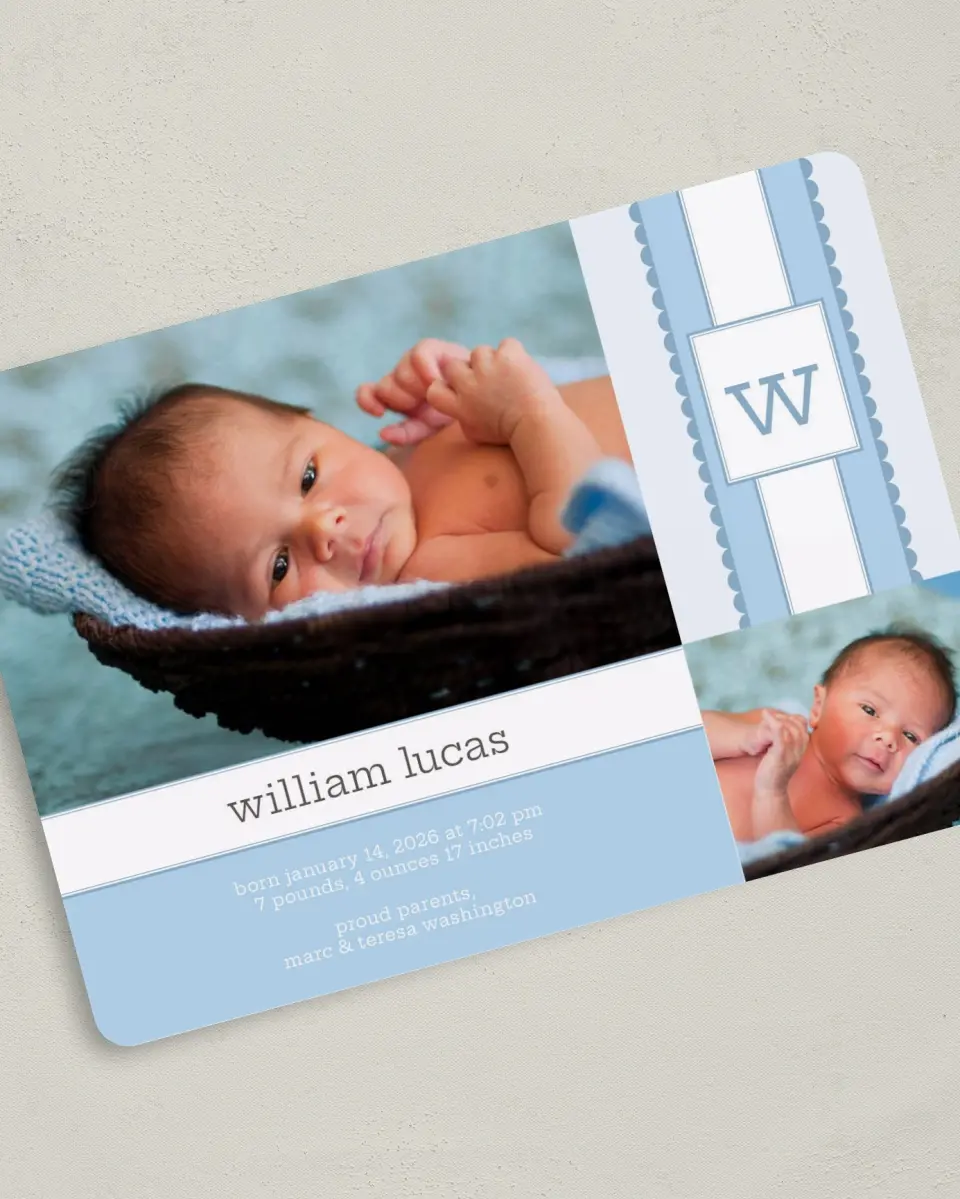 This is a 5" x 7" Birth Announcement Card called Ribbon printed in full color on Premium Smooth paper