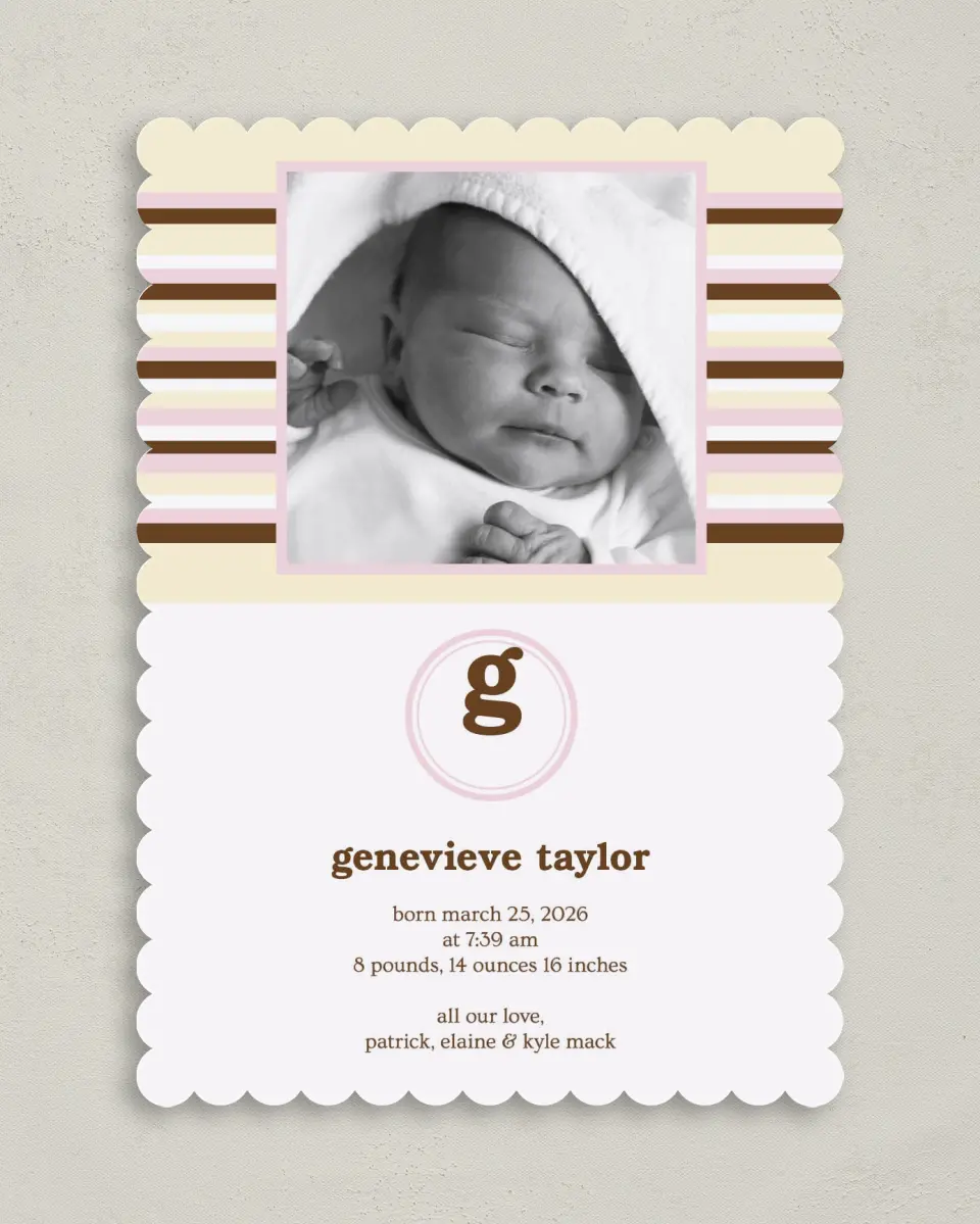 This is a 5" x 7" Birth Announcement Card called Striped Monogram printed in full color on Premium Smooth paper