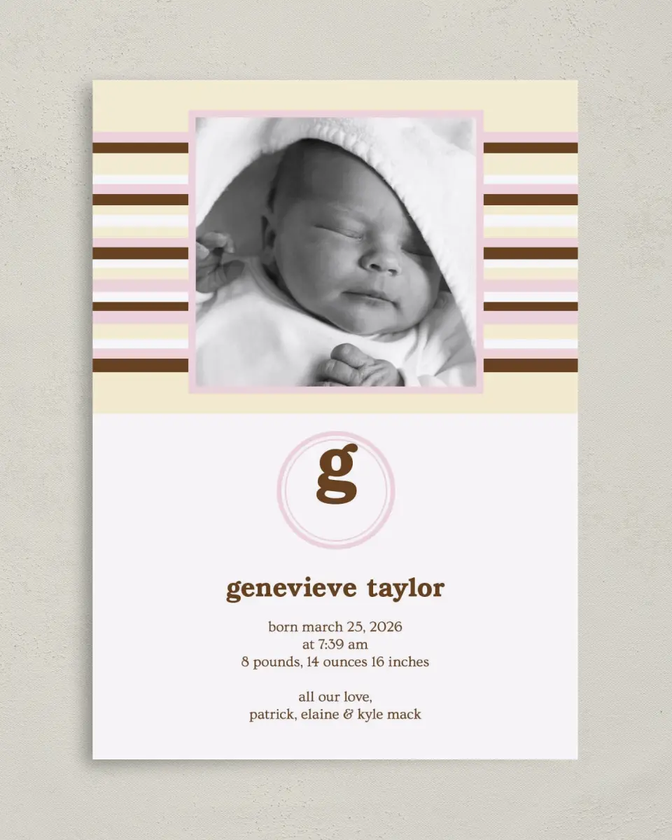 This is a 5" x 7" Birth Announcement Card called Striped Monogram printed in full color on Premium Smooth paper