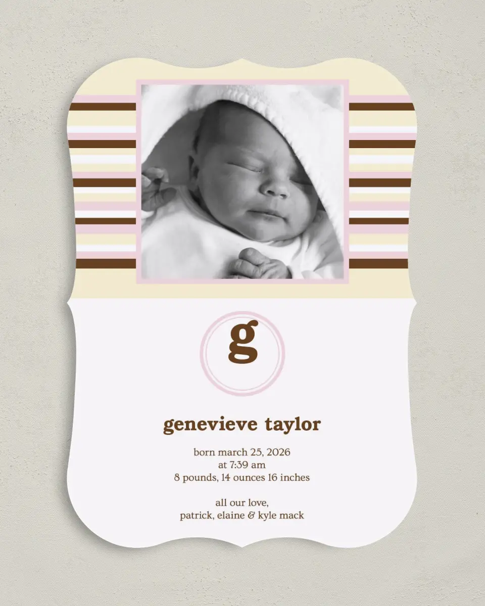 This is a 5" x 7" Birth Announcement Card called Striped Monogram printed in full color on Premium Smooth paper