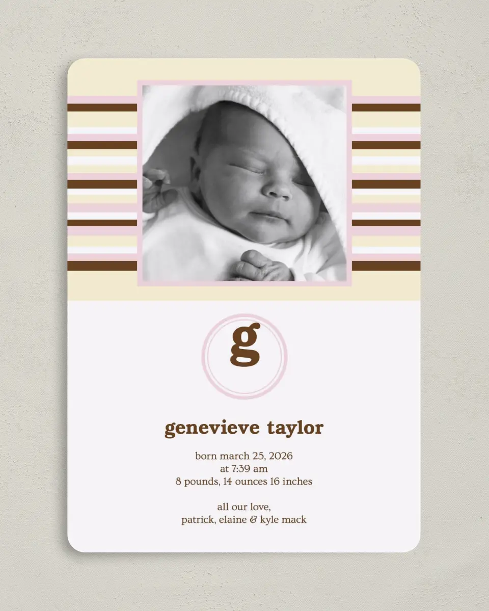 This is a 5" x 7" Birth Announcement Card called Striped Monogram printed in full color on Premium Smooth paper