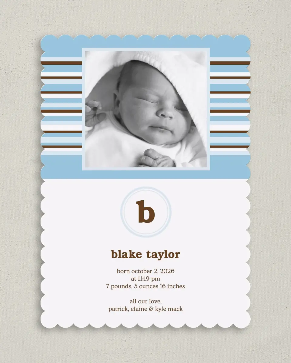 This is a 5" x 7" Birth Announcement Card called Striped Monogram printed in full color on Premium Smooth paper