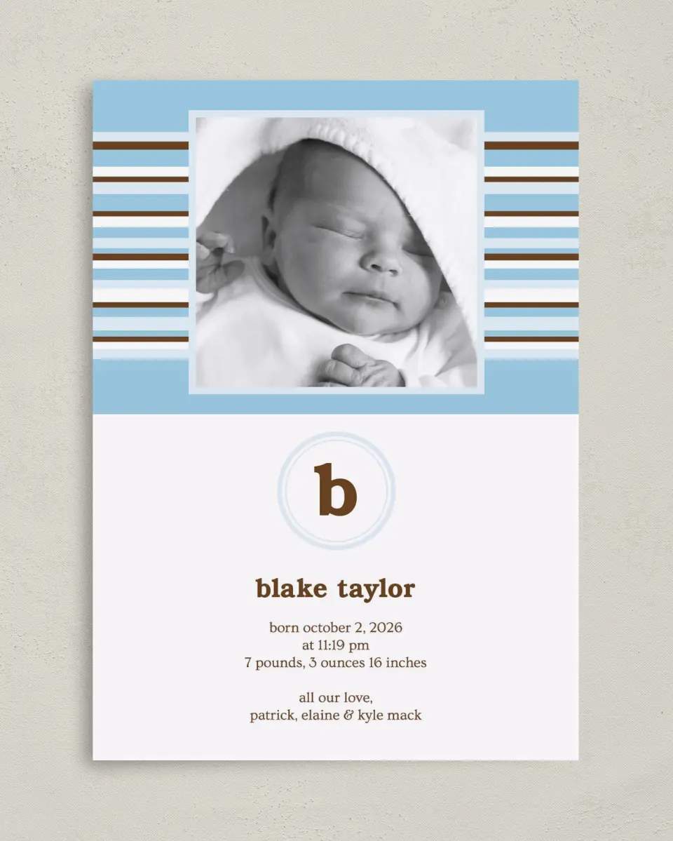 This is a 5" x 7" Birth Announcement Card called Striped Monogram printed in full color on Premium Smooth paper