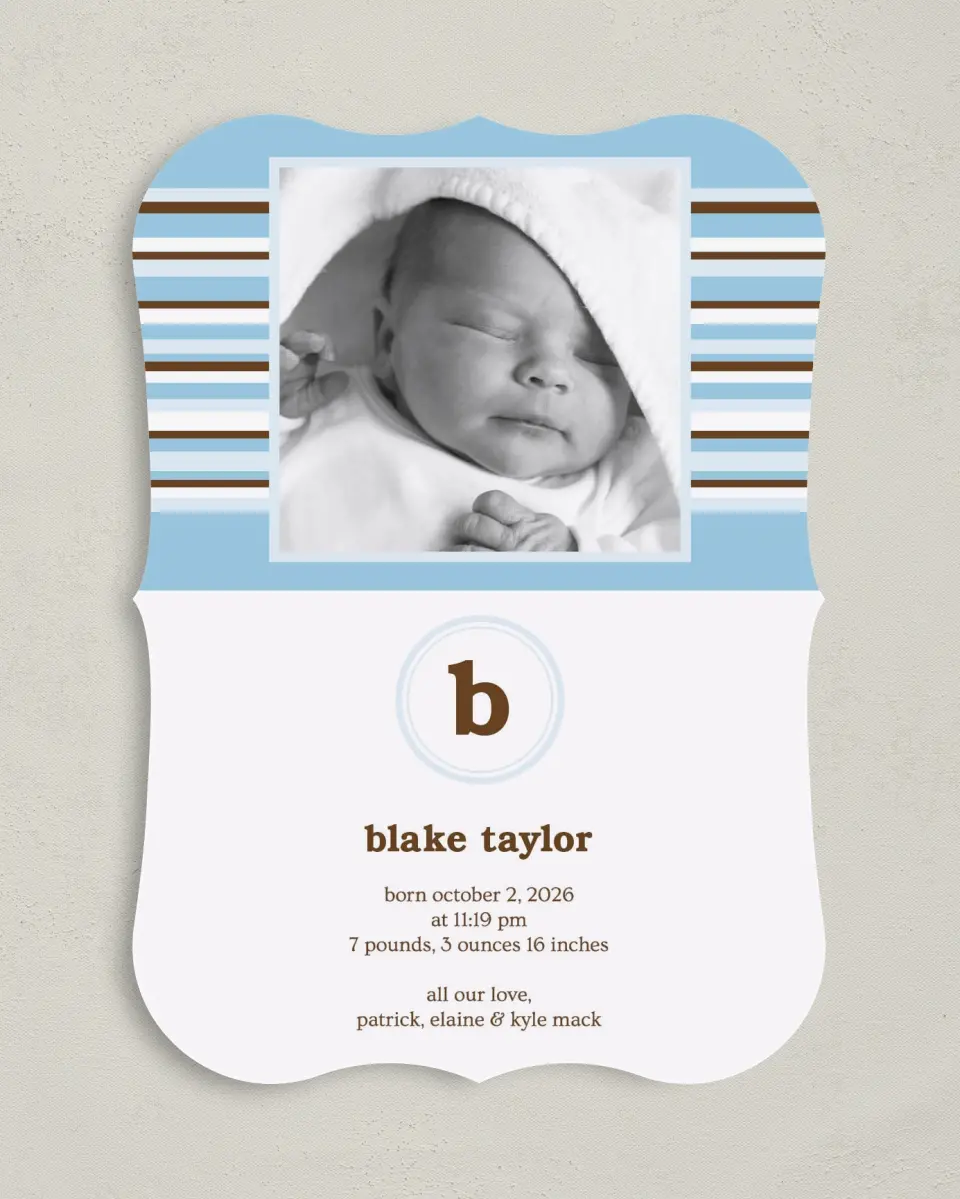 This is a 5" x 7" Birth Announcement Card called Striped Monogram printed in full color on Premium Smooth paper
