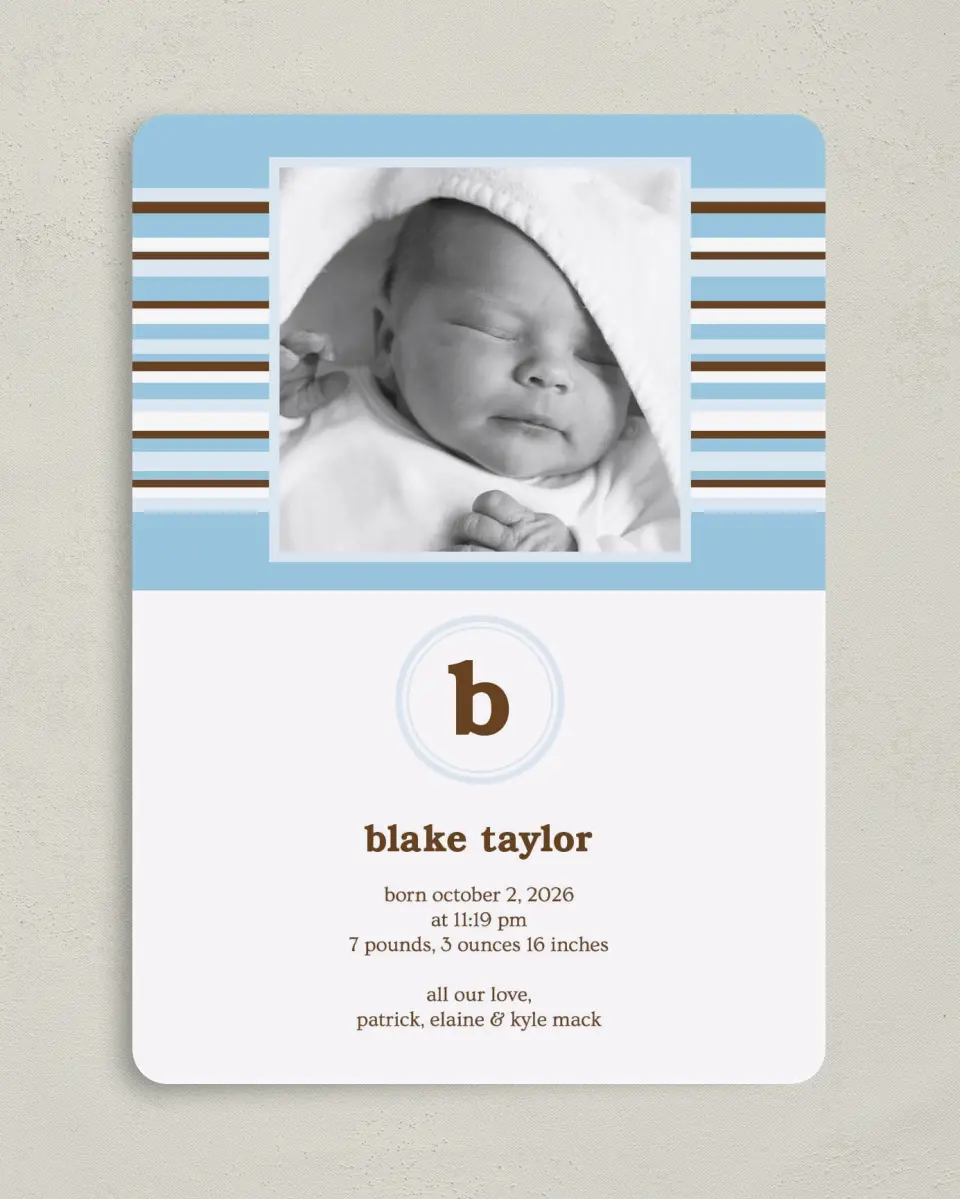 This is a 5" x 7" Birth Announcement Card called Striped Monogram printed in full color on Premium Smooth paper