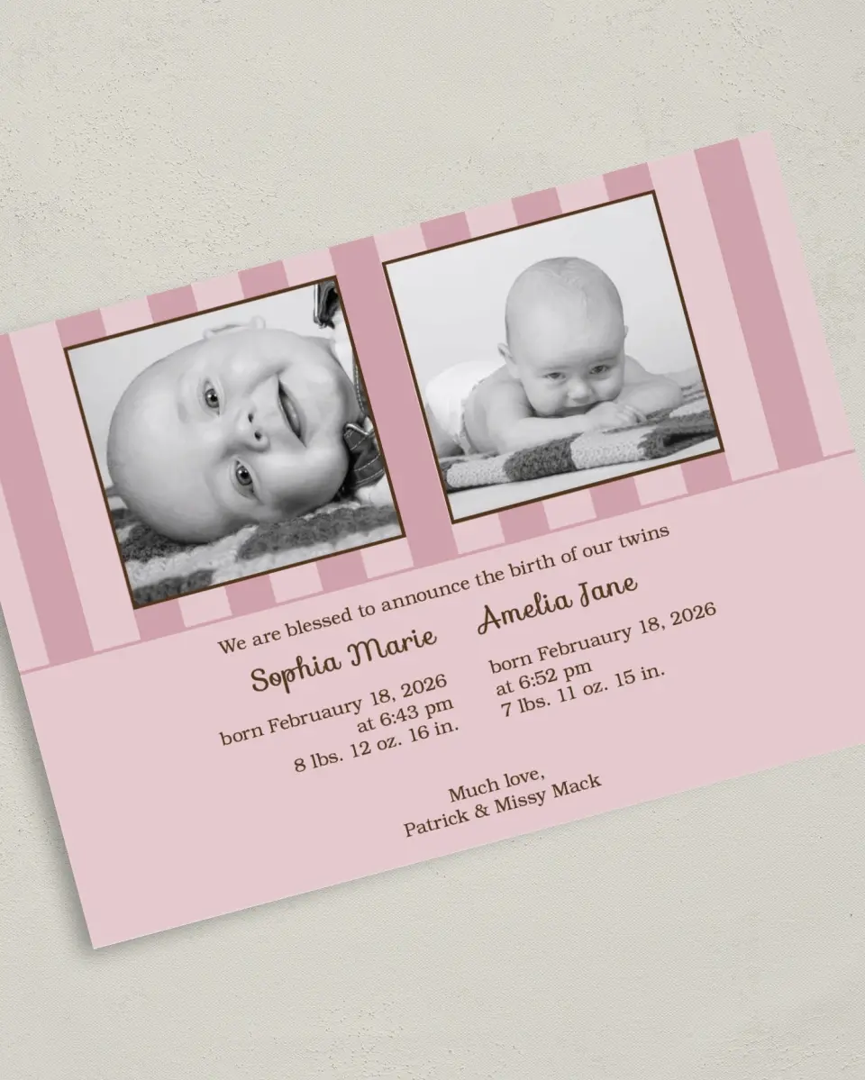 This is a 5" x 7" Birth Announcement Card called Twins - Stripes printed in full color on Premium Smooth paper