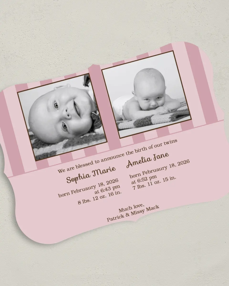 This is a 5" x 7" Birth Announcement Card called Stripes printed in full color on Premium Smooth paper