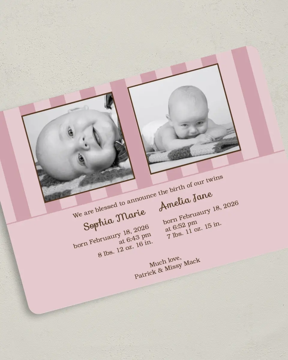 This is a 5" x 7" Birth Announcement Card called Twins - Stripes printed in full color on Premium Smooth paper