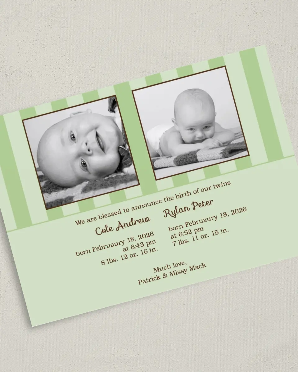 This is a 5" x 7" Birth Announcement Card called Twins - Stripes printed in full color on Premium Smooth paper