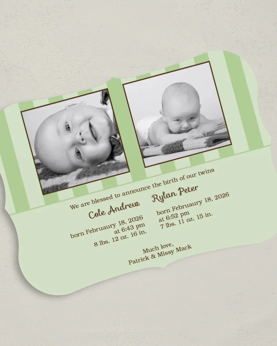 This is a 5" x 7" Birth Announcement Card called Stripes printed in full color on Premium Smooth paper