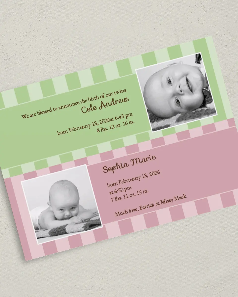 This is a 5" x 7" Birth Announcement Card called Fraternal Twins - Stripes printed in full color on Premium Smooth paper