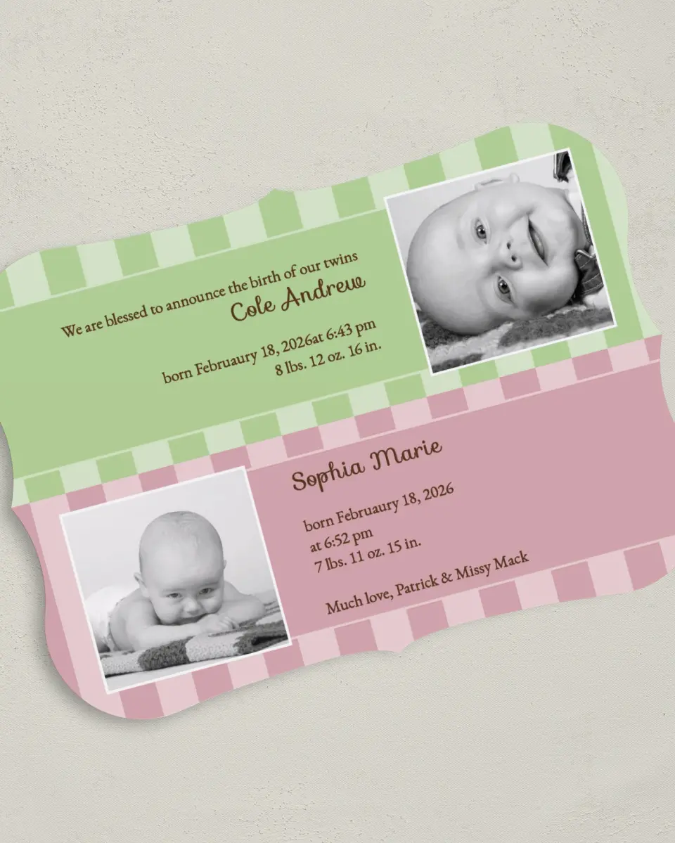 This is a 5" x 7" Birth Announcement Card called Stripes printed in full color on Premium Smooth paper