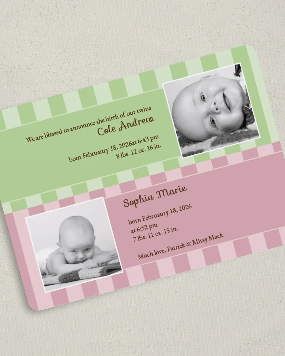 This is a 5" x 7" Birth Announcement Card called Fraternal Twins - Stripes printed in full color on Premium Smooth paper