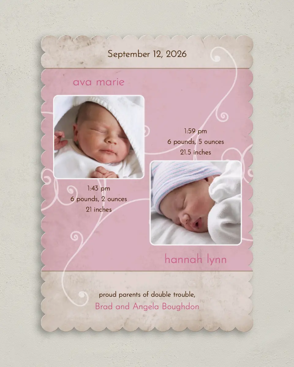 This is a 5" x 7" Birth Announcement Card called Twins - Swirls printed in full color on Premium Smooth paper