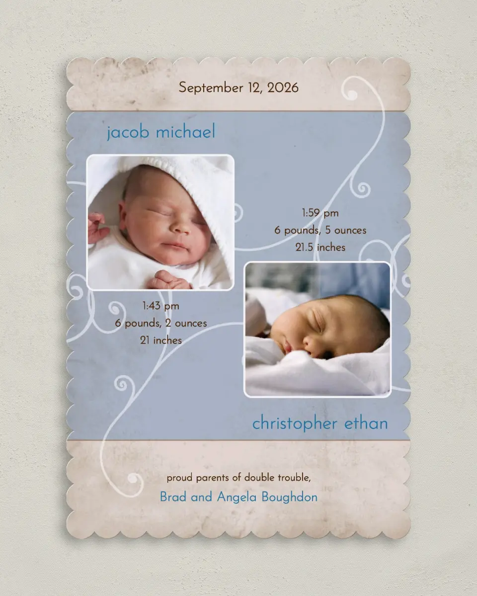 This is a 5" x 7" Birth Announcement Card called Twins - Swirls printed in full color on Premium Smooth paper