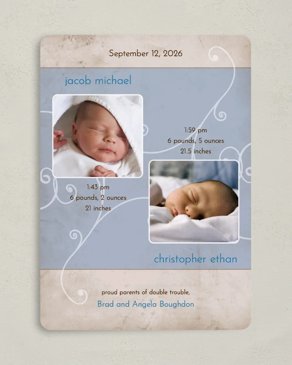 This is a 5" x 7" Birth Announcement Card called Twins - Swirls printed in full color on Premium Smooth paper