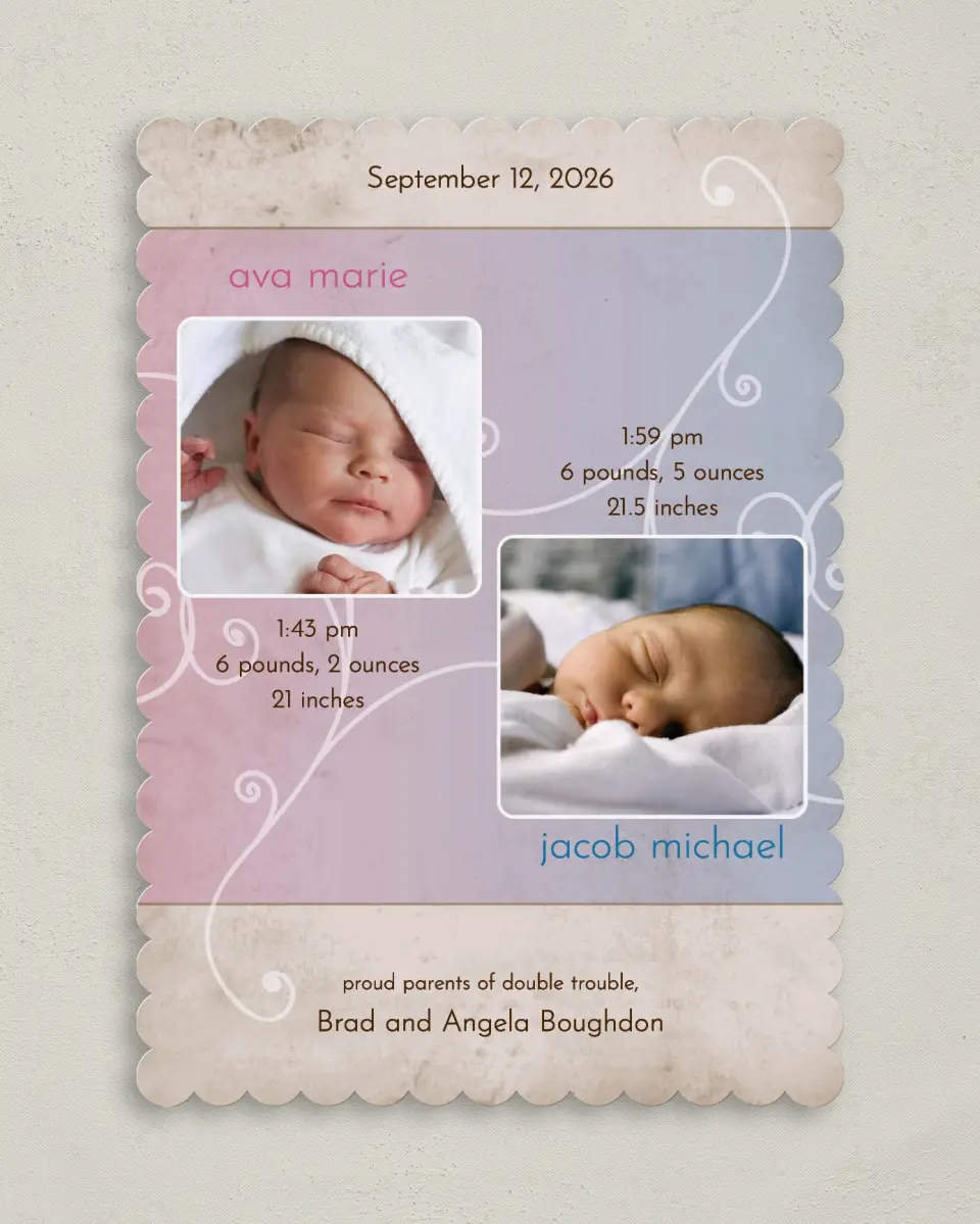 This is a 5" x 7" Birth Announcement Card called Fraternal Twins - Swirls printed in full color on Premium Smooth paper