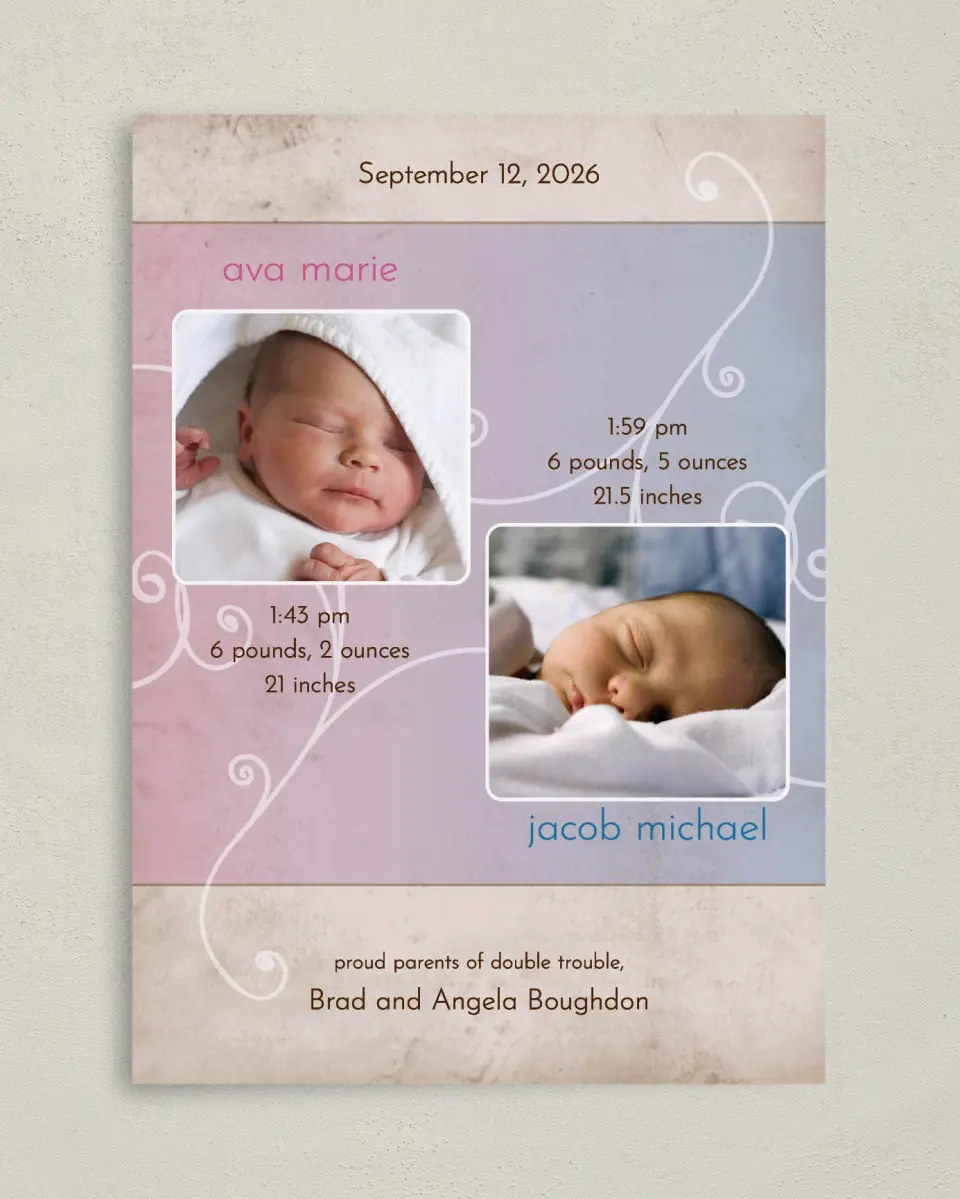 This is a 5" x 7" Birth Announcement Card called Fraternal Twins - Swirls printed in full color on Premium Smooth paper