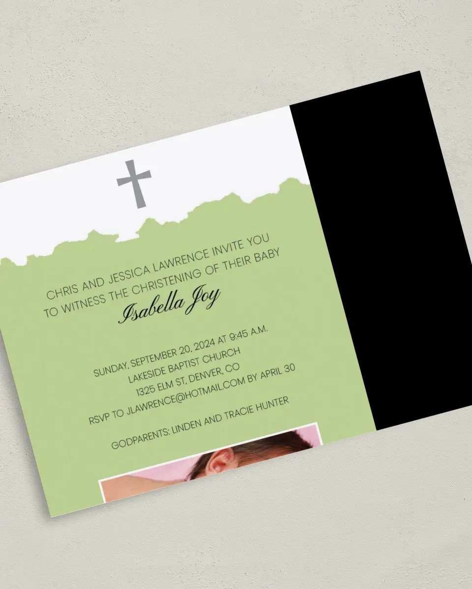 This is a 5" x 7" Christening Invitation Card called Shabby Cross printed in full color on Premium Smooth paper