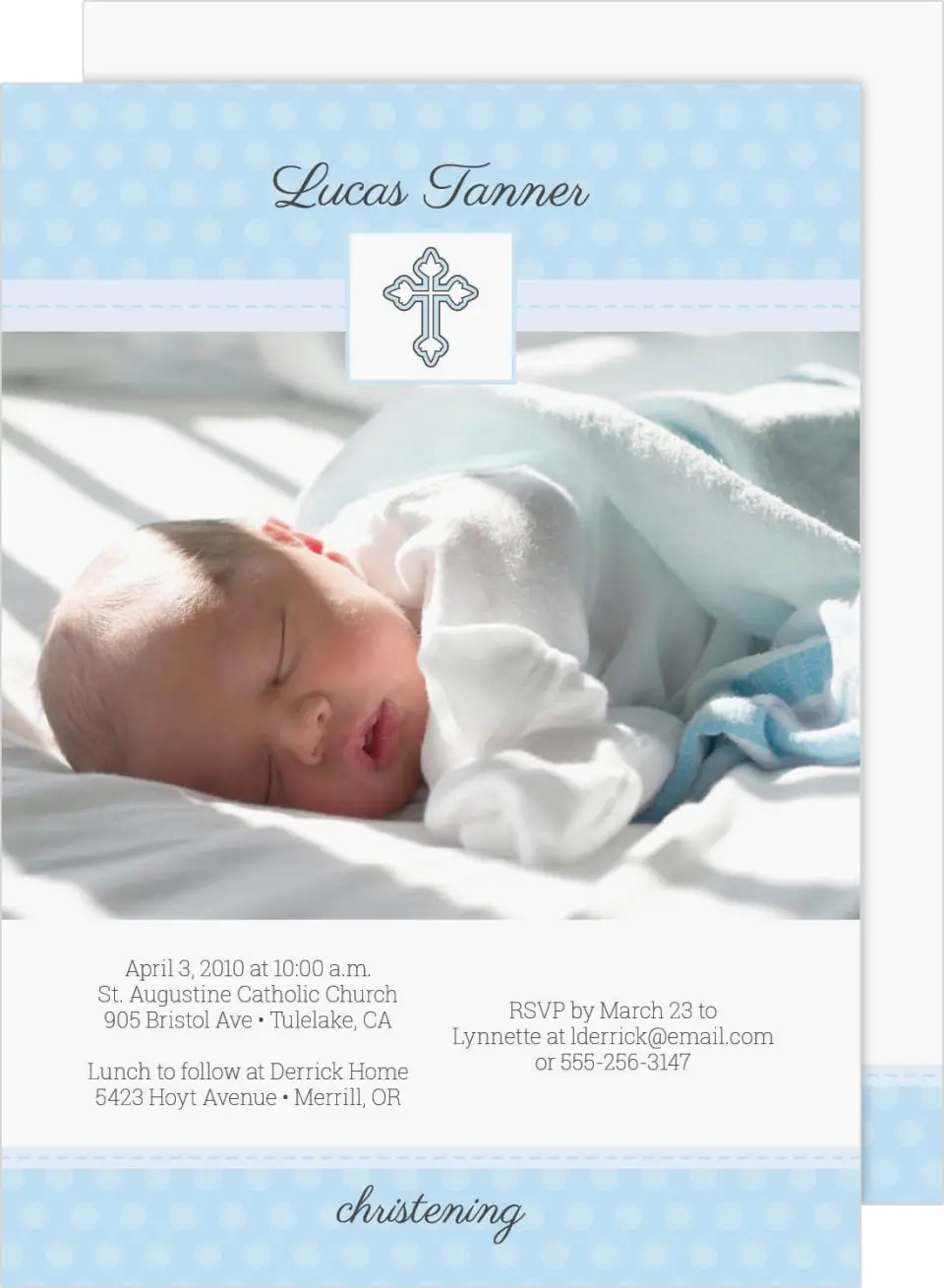 This is a 5" x 7" Christening Invitation Card called Blessed Cross printed in full color on Premium Smooth paper
