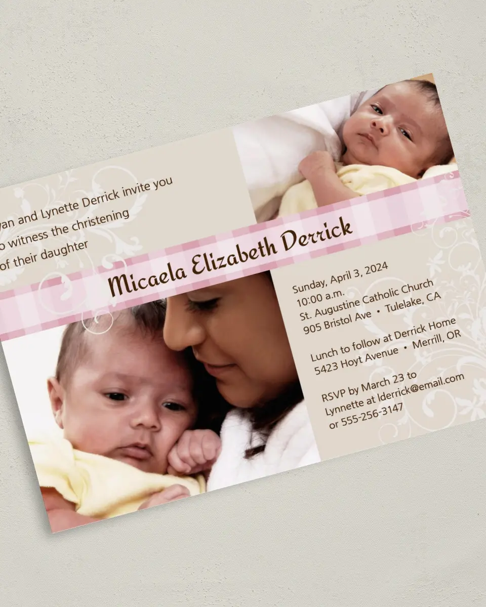 This is a 5" x 7" Christening Invitation Card called Sweet Girl Swirls printed in full color on Premium Smooth paper
