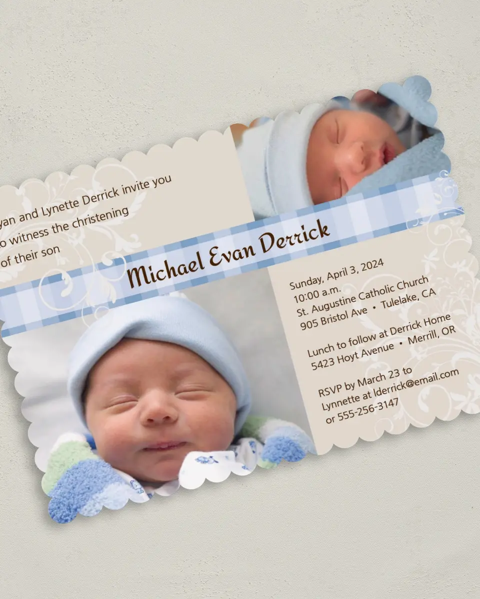This is a 5" x 7" Christening Invitation Card called Sweet Boy Swirls printed in full color on Premium Smooth paper