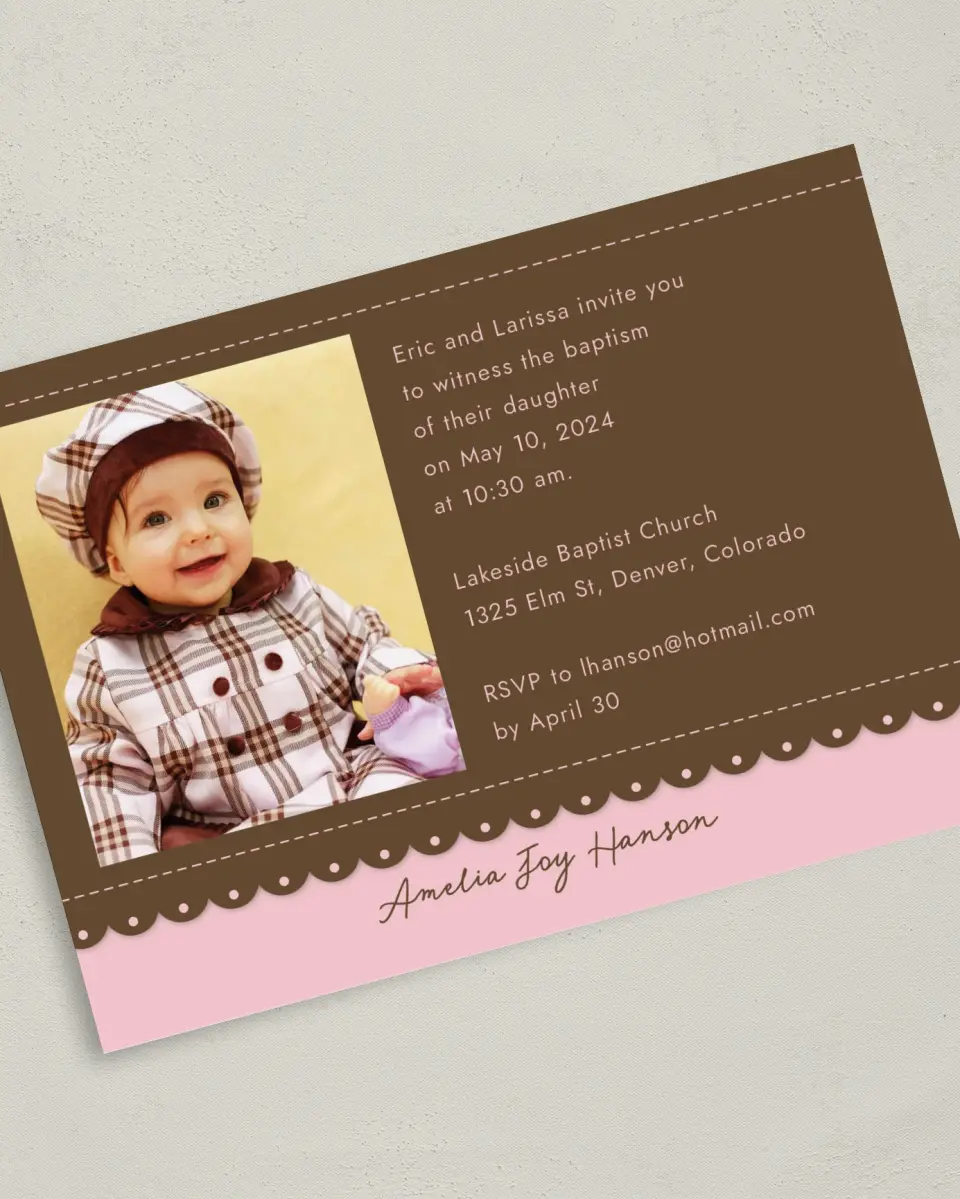 This is a 5" x 7" Baptism Invitation Card called Pink Attraction printed in full color on Premium Smooth paper
