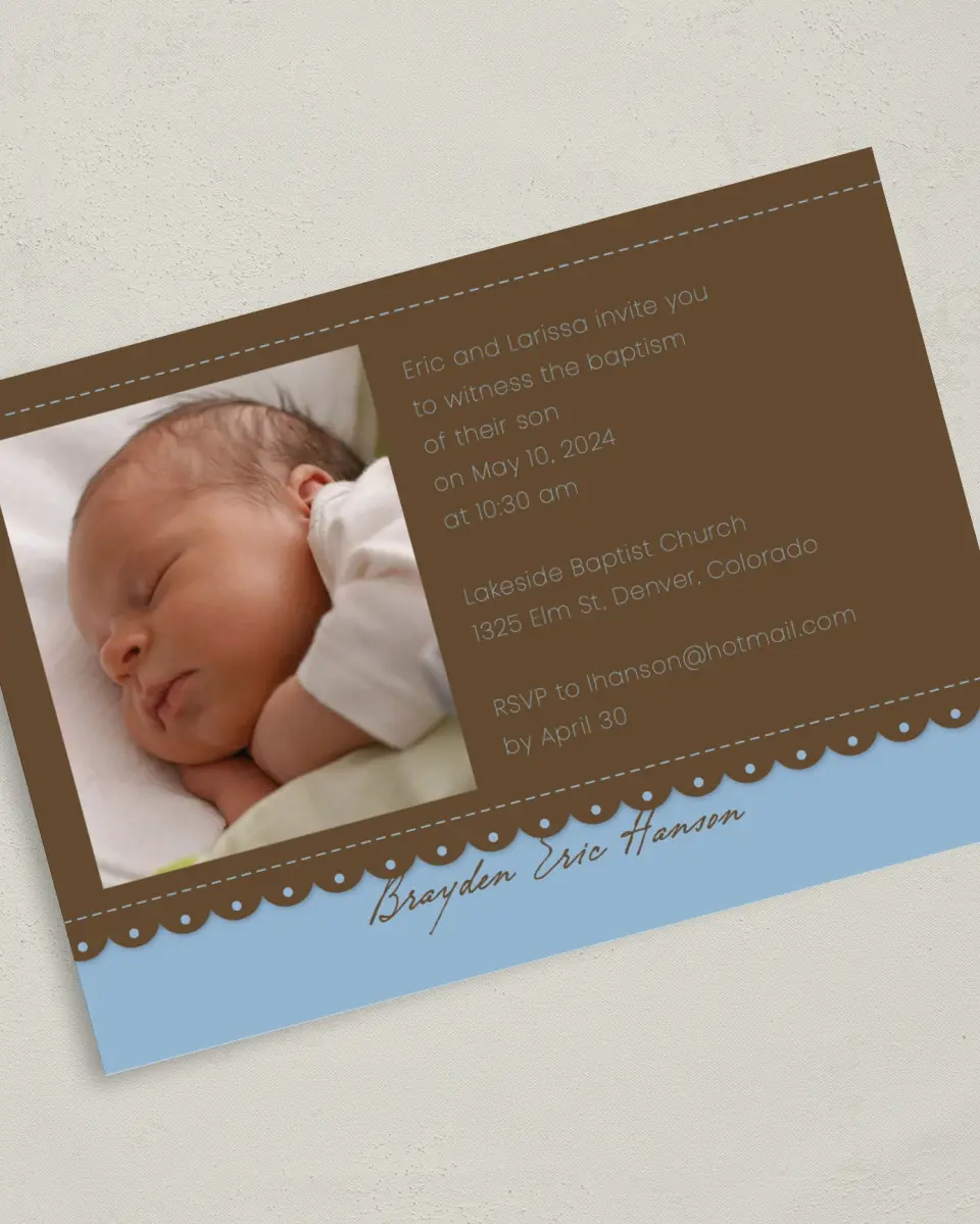 This is a 5" x 7" Baptism Invitation Card called Blue Attraction printed in full color on Premium Smooth paper