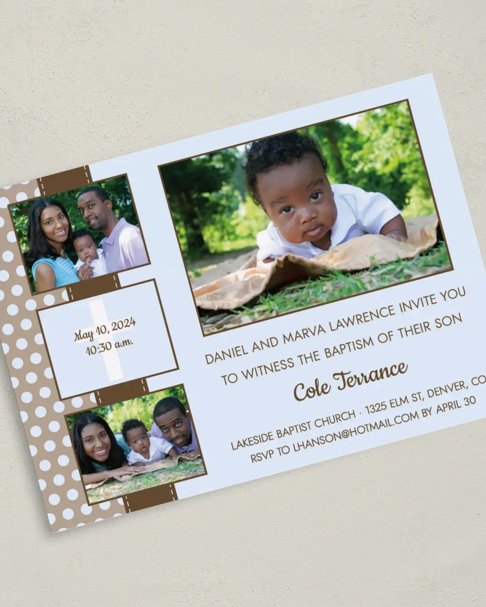 This is a 5" x 7" Baptism Invitation Card called Expression printed in full color on Premium Smooth paper