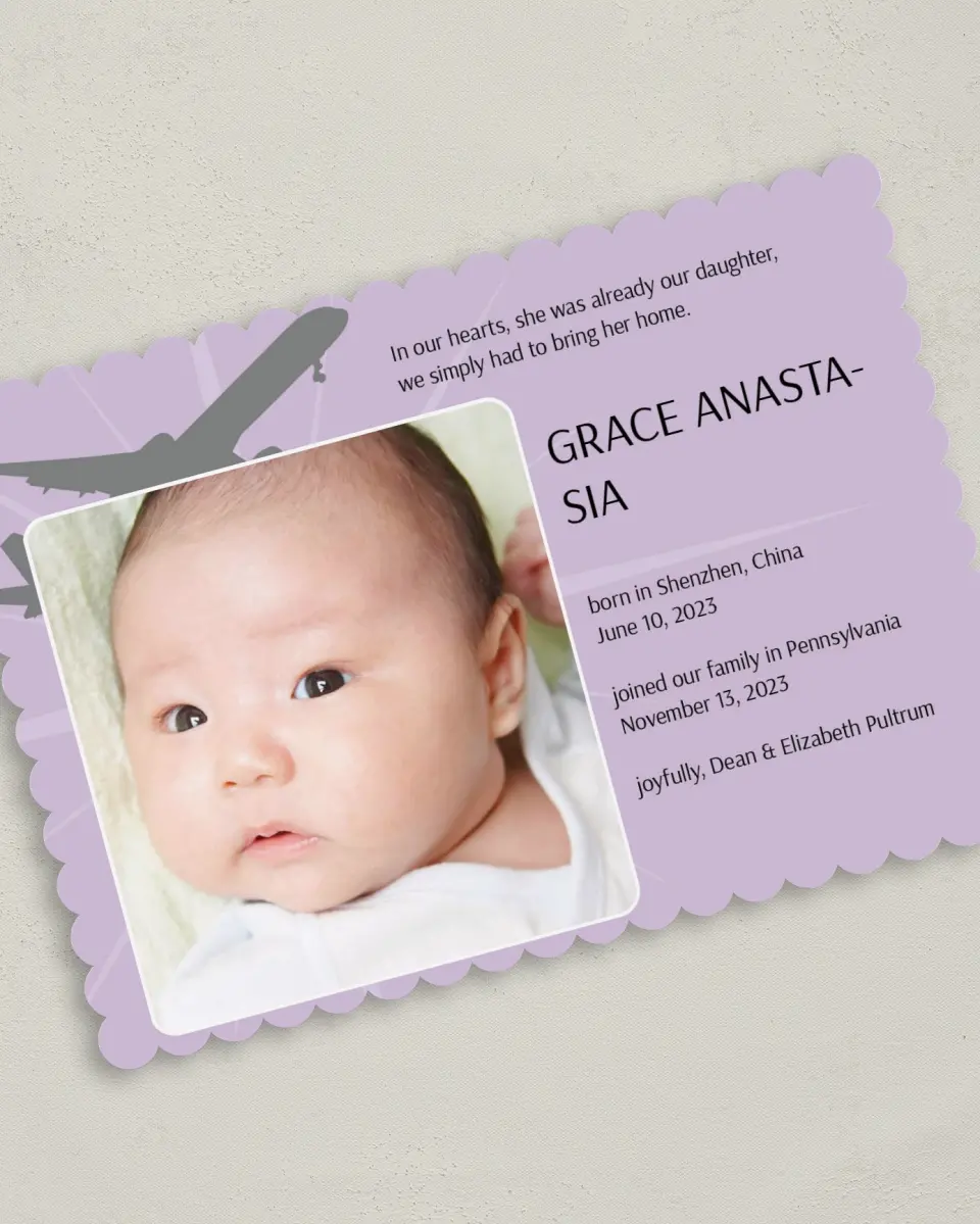 This is a 5" x 7" Adoption Announcement Card called Bringing Her Home printed in full color on Premium Smooth paper
