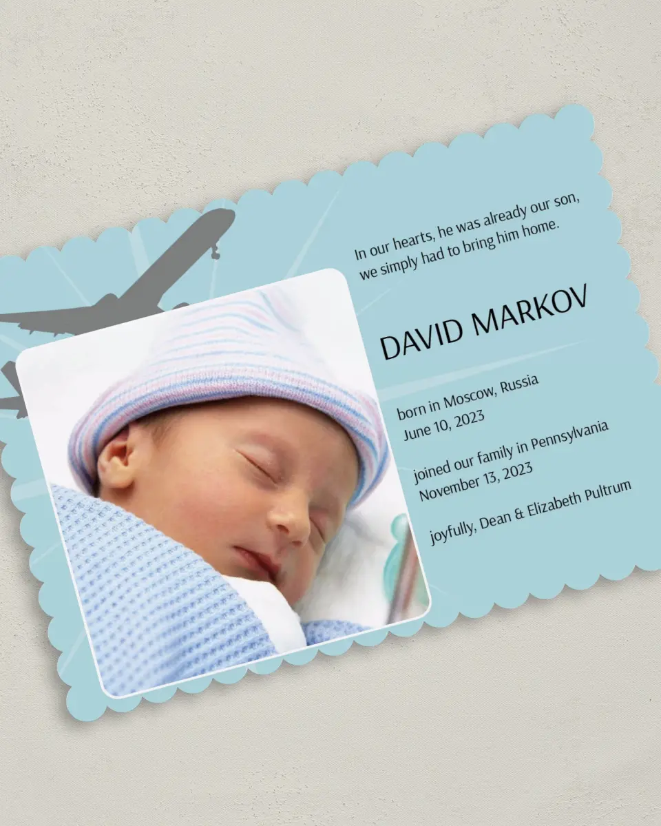 This is a 5" x 7" Adoption Announcement Card called Bringing Him Home printed in full color on Premium Smooth paper