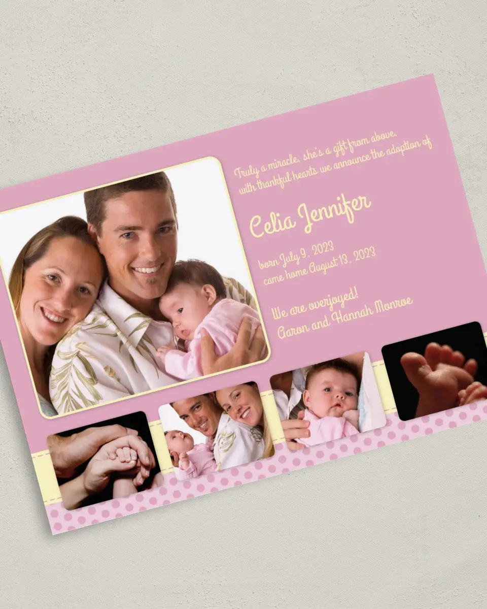 This is a 5" x 7" Adoption Announcement Card called Miracle printed in full color on Premium Smooth paper