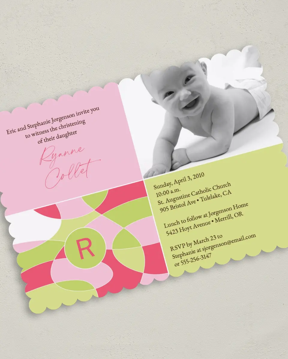 This is a 5" x 7" Christening Invitation Card called Stain Glass printed in full color on Premium Smooth paper