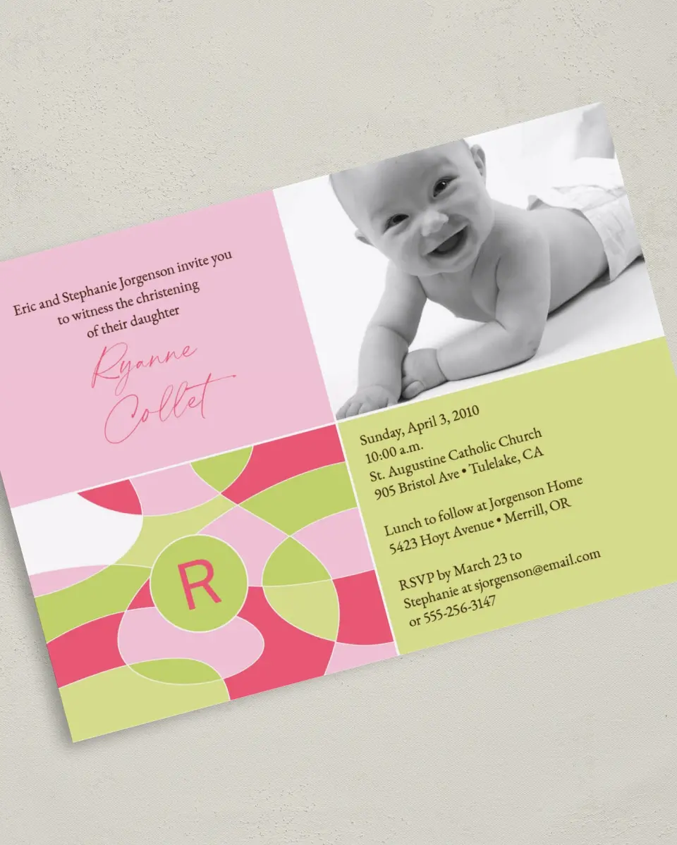 This is a 5" x 7" Christening Invitation Card called Stain Glass printed in full color on Premium Smooth paper