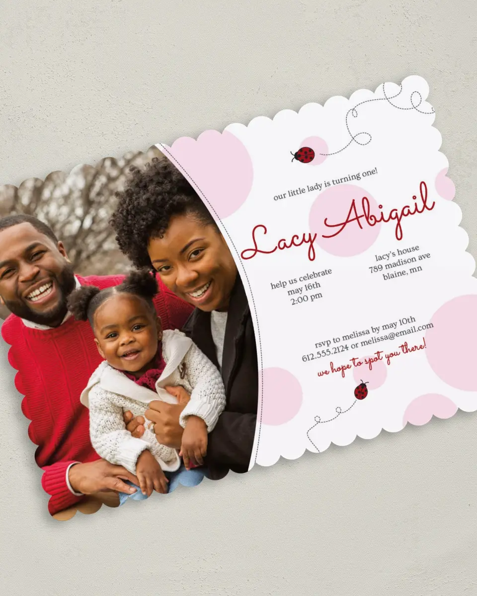 This is a 5" x 7" Birthday Party Invitation called Ladybug printed in full color on Premium Smooth paper