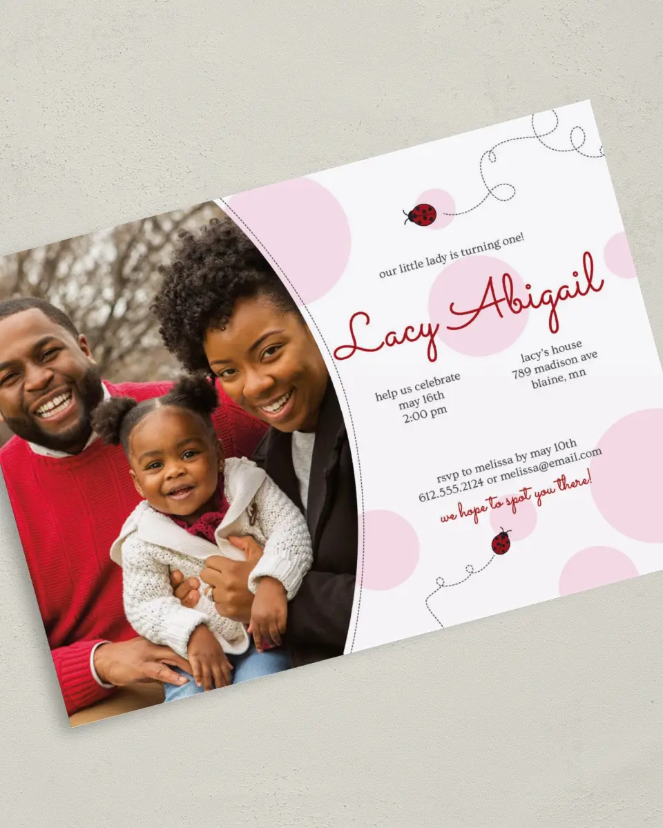 This is a 5" x 7" Birthday Party Invitation called Ladybug printed in full color on Premium Smooth paper