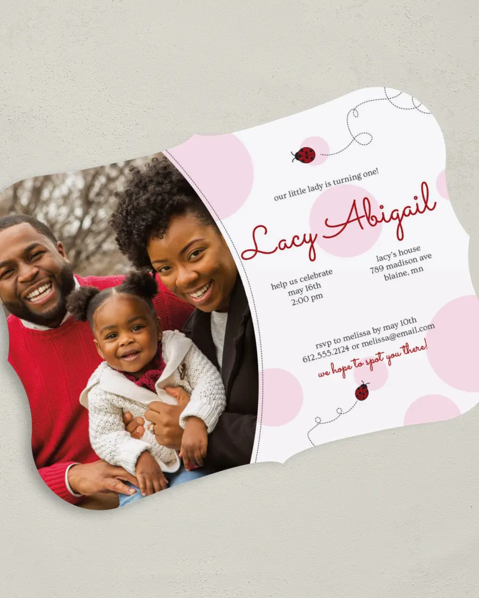 This is a 5" x 7" Birthday Party Invitation called Ladybug printed in full color on Premium Smooth paper