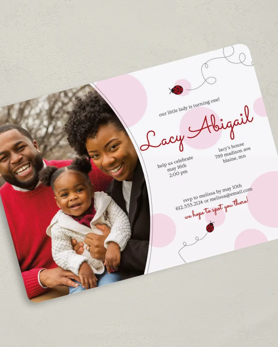 This is a 5" x 7" Birthday Party Invitation called Ladybug printed in full color on Premium Smooth paper